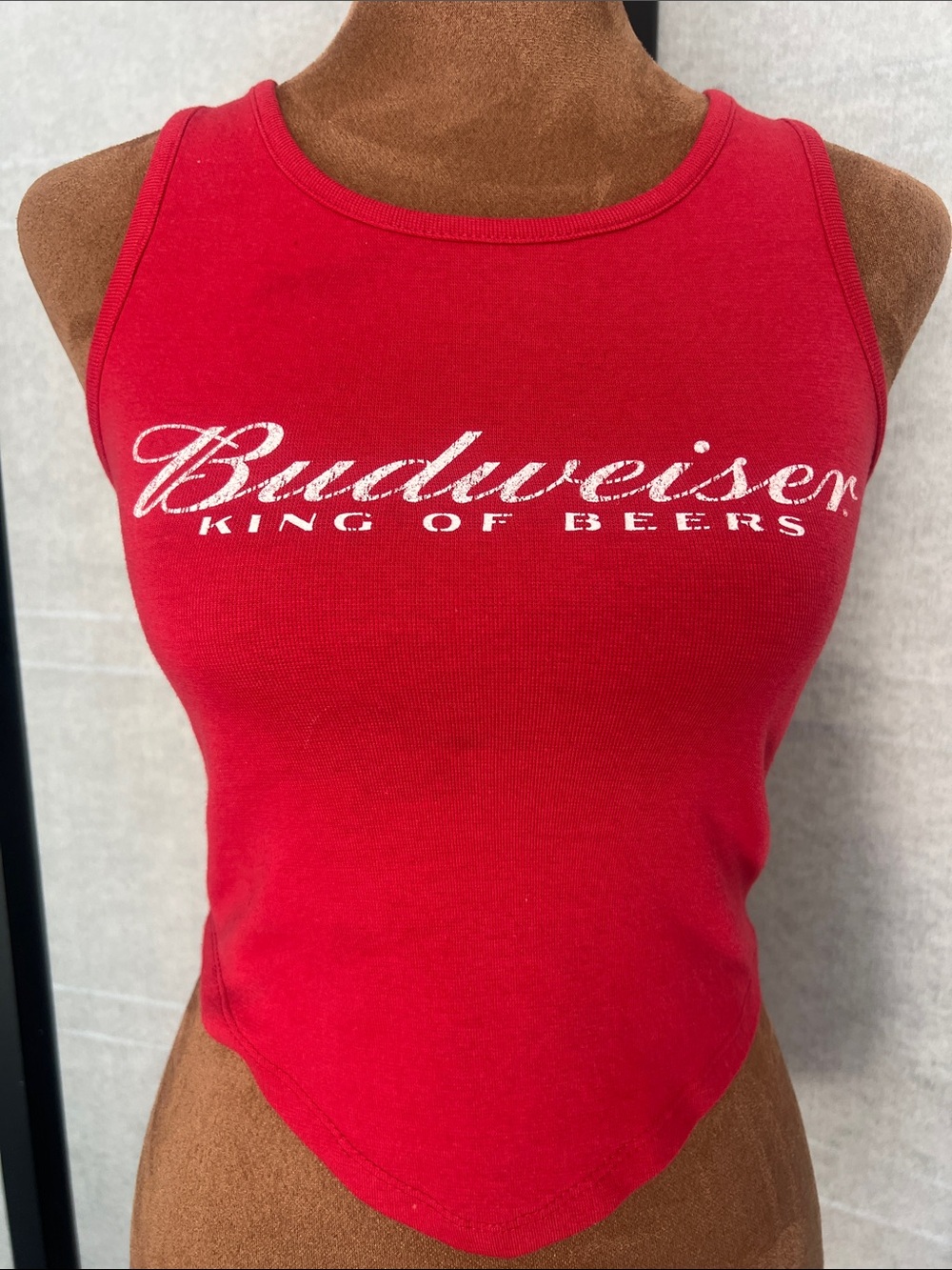 Budweiser Women’s Red Handkerchief Hem Tank with White Script